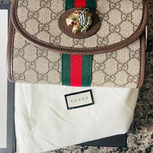 Gucci Rajah Cream and Brown Clutch with Monogram Canvas Goldchain Crossbody